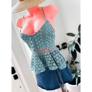 A Dozen Daisies flirty open crochet flutter peplum tank top